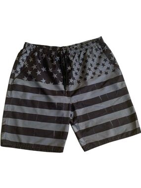 Black Gray Flag Print Swim Trunks American patriotic large elastic waist